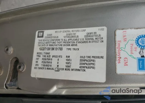 2003 Chevrolet S Truck S10 из США, поврежденный, VIN 1GCDT13X13K131793